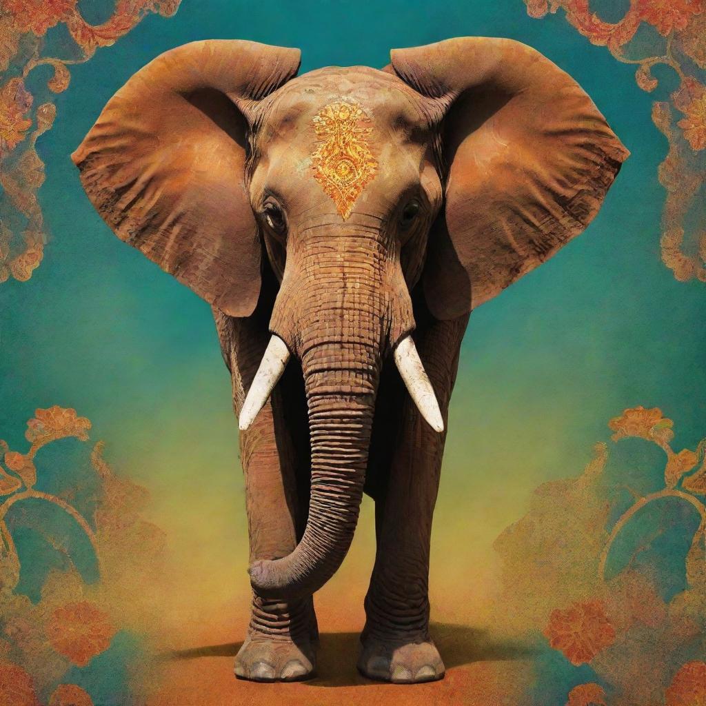 An artistically designed elephant symbolizing prosperity, set against a vibrant color background ideal for a wallpaper.