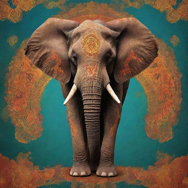 An artistically designed elephant symbolizing prosperity, set against a vibrant color background ideal for a wallpaper.