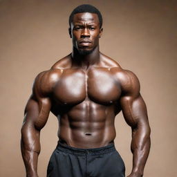 A muscular African individual showcasing strength and resilience. Be sure to highlight their powerful physique and radiant, dark skin carefully, keeping the background neutral to emphasize the person.