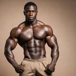 A muscular African individual showcasing strength and resilience. Be sure to highlight their powerful physique and radiant, dark skin carefully, keeping the background neutral to emphasize the person.