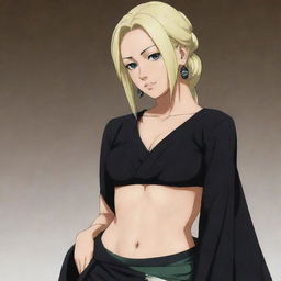 Tsunade from the Naruto series elegantly dressed in a stunning black sari.