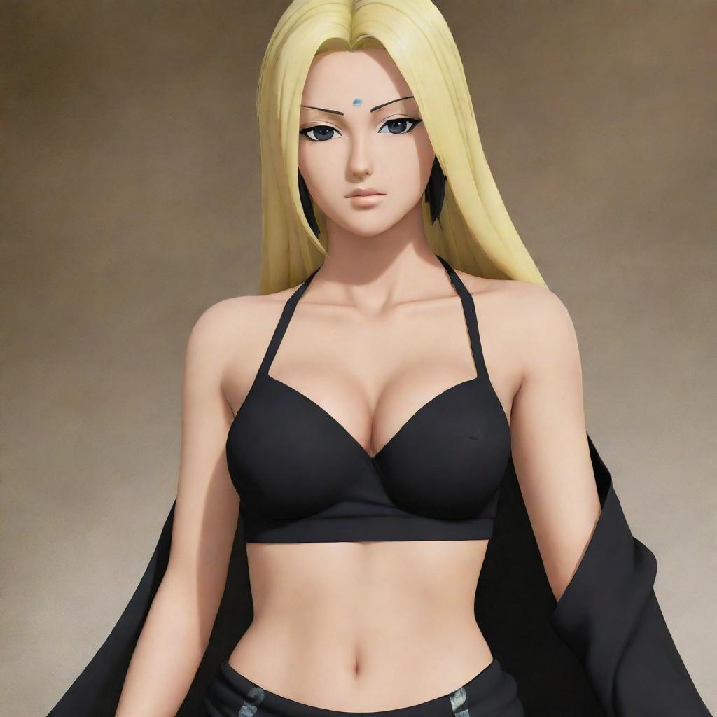 Tsunade from the Naruto series elegantly dressed in a stunning black sari.