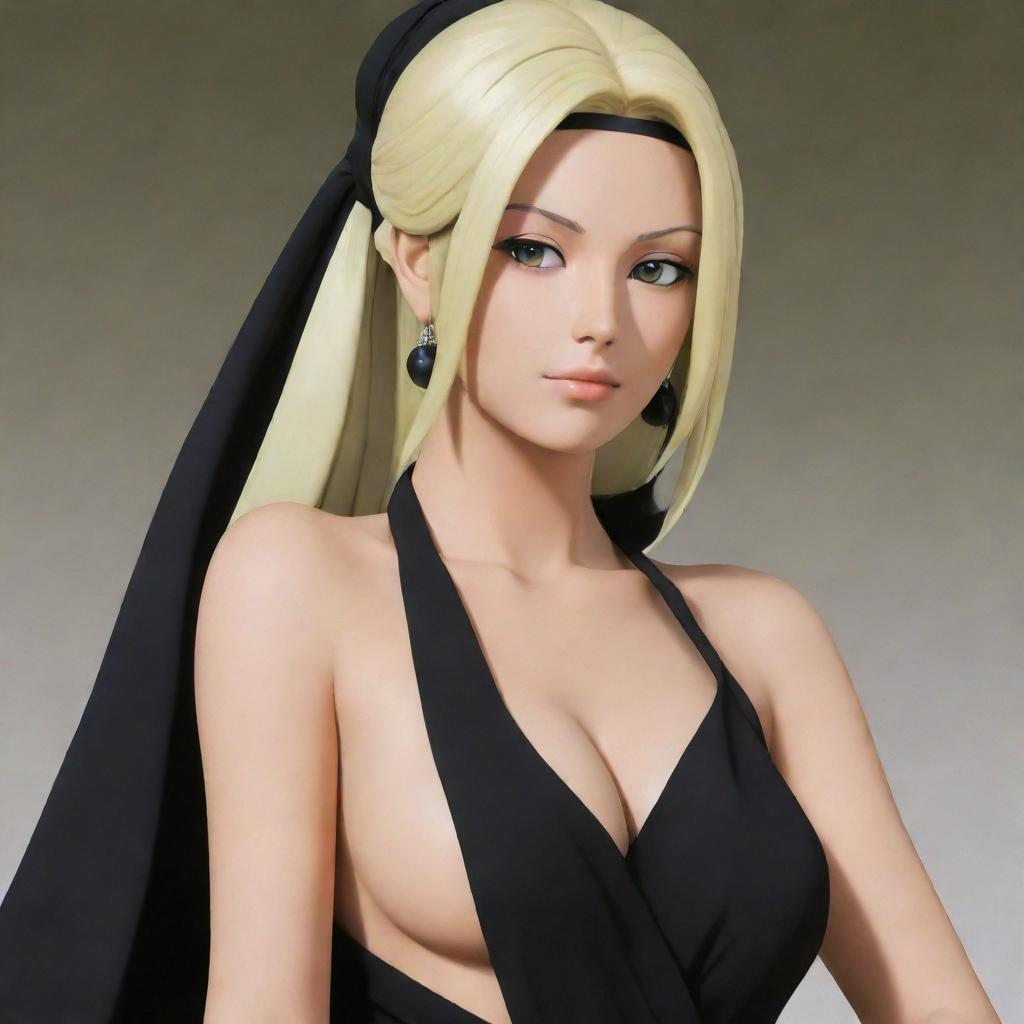 Tsunade from the Naruto series elegantly dressed in a stunning black sari.