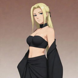 Tsunade from the Naruto series elegantly dressed in a stunning black sari.