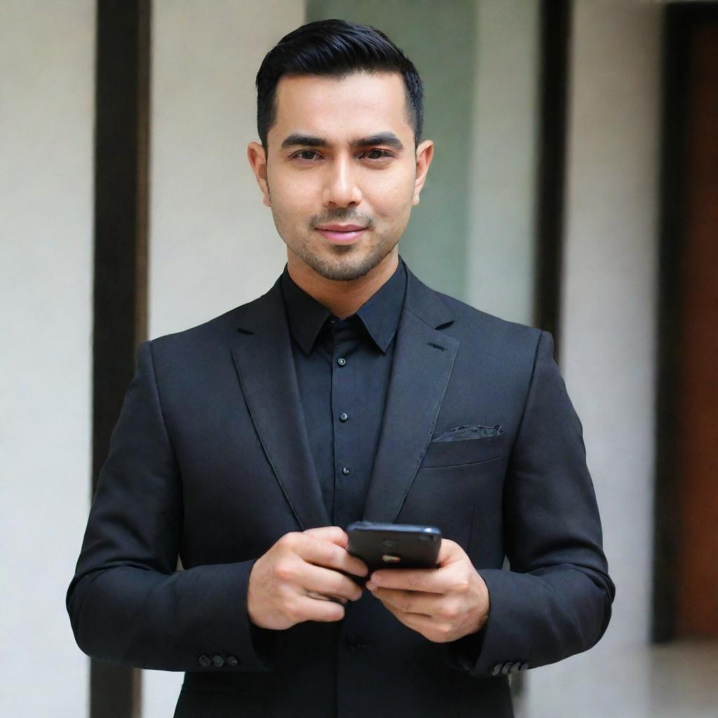 Raffi Ahmad, a recognizable figure, is stylishly adorned in black attire holding a smartphone. The smartphone is in his hand, facing forward.