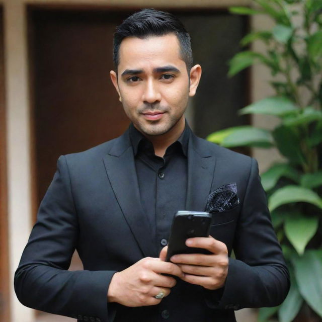 Raffi Ahmad, a recognizable figure, is stylishly adorned in black attire holding a smartphone. The smartphone is in his hand, facing forward.