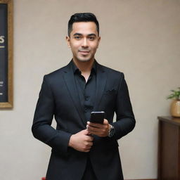 Raffi Ahmad, a recognizable figure, is stylishly adorned in black attire holding a smartphone. The smartphone is in his hand, facing forward.