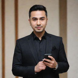 Raffi Ahmad, a recognizable figure, is stylishly adorned in black attire holding a smartphone. The smartphone is in his hand, facing forward.