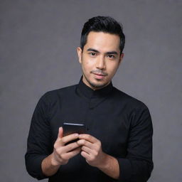 Indonesian artist Raffi Ahmad dressed in black attire, holding a smartphone with the screen facing forward