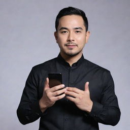 Indonesian artist Raffi Ahmad dressed in black attire, holding a smartphone with the screen facing forward