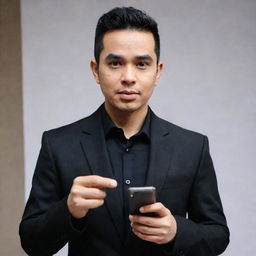 Indonesian artist Raffi Ahmad dressed in black attire, holding a smartphone with the screen facing forward