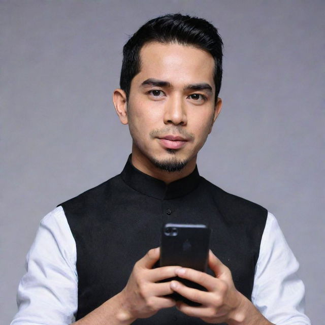 Indonesian artist Raffi Ahmad dressed in black attire, holding a smartphone with the screen facing forward