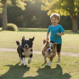 A young boy sprinting energetically away from a playful dog in a vibrant, sunlit park