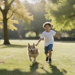 A young boy sprinting energetically away from a playful dog in a vibrant, sunlit park