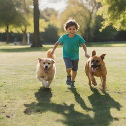 A young boy sprinting energetically away from a playful dog in a vibrant, sunlit park