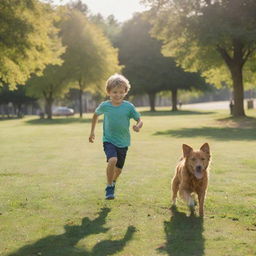 A young boy sprinting energetically away from a playful dog in a vibrant, sunlit park