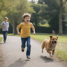 A young boy in casual clothing, running in a park with fear on his face, being chased by a large, angry, barking dog in broad daylight.