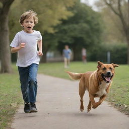 A young boy in casual clothing, running in a park with fear on his face, being chased by a large, angry, barking dog in broad daylight.