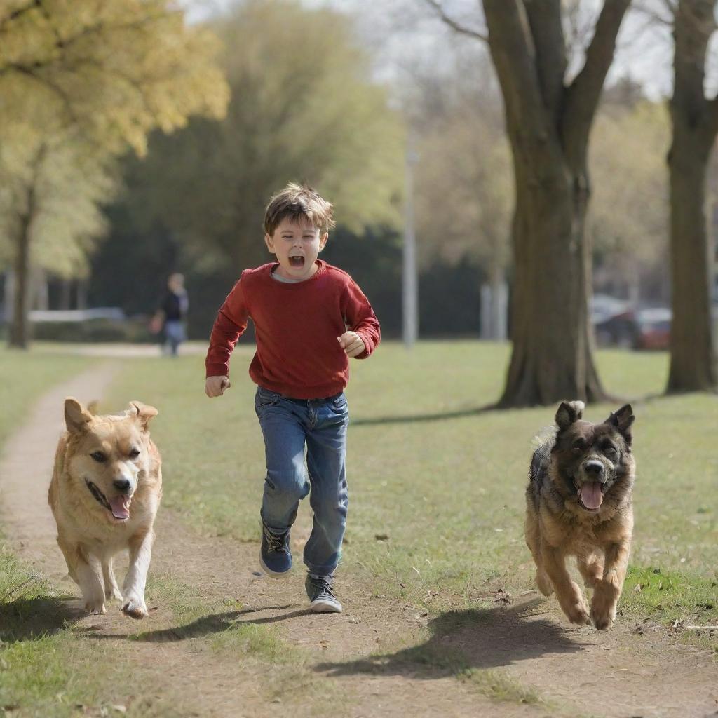 A young boy in casual clothing, running in a park with fear on his face, being chased by a large, angry, barking dog in broad daylight.