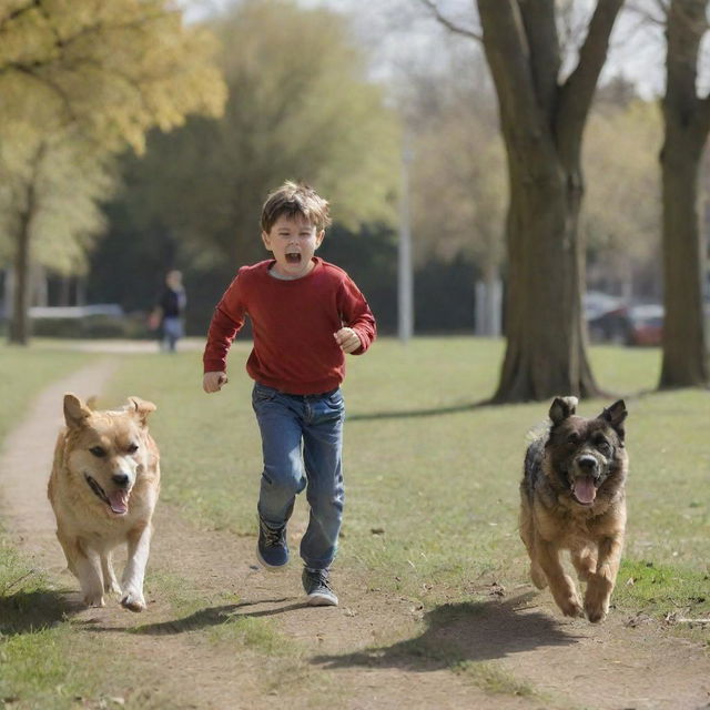 A young boy in casual clothing, running in a park with fear on his face, being chased by a large, angry, barking dog in broad daylight.