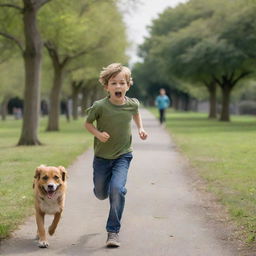 A young boy in casual clothing, running in a park with fear on his face, being chased by a large, angry, barking dog in broad daylight.