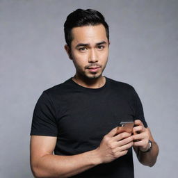 Raffi Ahmad, an Indonesian artist, dressed in a black t-shirt holding a smartphone with the screen directed forwards.