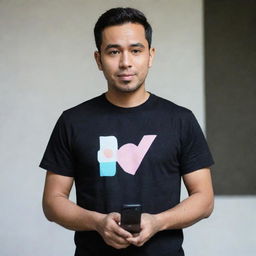 Raffi Ahmad, an Indonesian artist, dressed in a black t-shirt holding a smartphone with the screen directed forwards.