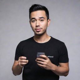 Raffi Ahmad, an Indonesian artist, dressed in a black t-shirt holding a smartphone with the screen directed forwards.