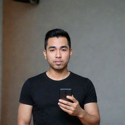 Raffi Ahmad, an Indonesian artist, dressed in a black t-shirt holding a smartphone with the screen directed forwards.