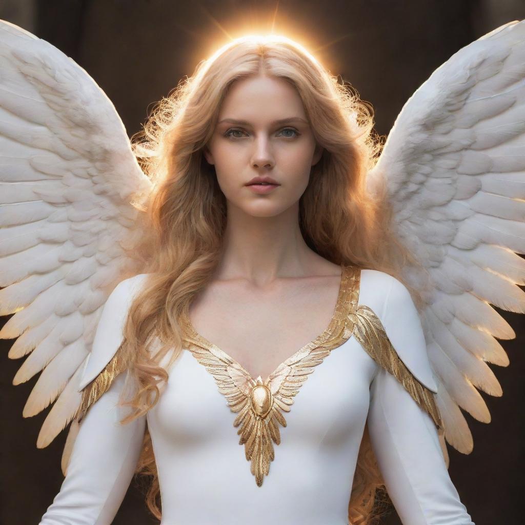 A guardian angel with sun-like golden hair and eyes, wearing white clothing. Her skin is copper-colored and she bears large, imposing wings.