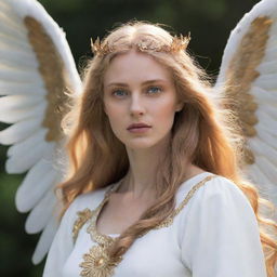 A guardian angel with sun-like golden hair and eyes, wearing white clothing. Her skin is copper-colored and she bears large, imposing wings.