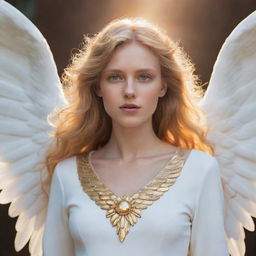 A guardian angel with sun-like golden hair and eyes, wearing white clothing. Her skin is copper-colored and she bears large, imposing wings.