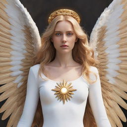 A guardian angel with sun-like golden hair and eyes, wearing white clothing. Her skin is copper-colored and she bears large, imposing wings.