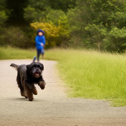 A young boy sprinting with a look of alarm on his face, pursued by a large, angry-looking dog.