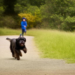 A young boy sprinting with a look of alarm on his face, pursued by a large, angry-looking dog.