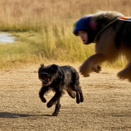 A young boy sprinting with a look of alarm on his face, pursued by a large, angry-looking dog.