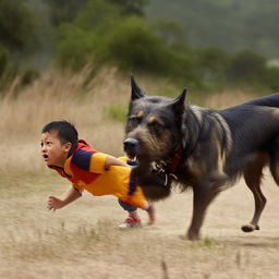 A young boy sprinting with a look of alarm on his face, pursued by a large, angry-looking dog.