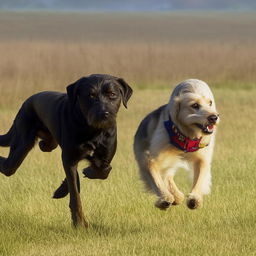 A young boy sprinting with a look of alarm on his face, pursued by a large, angry-looking dog.