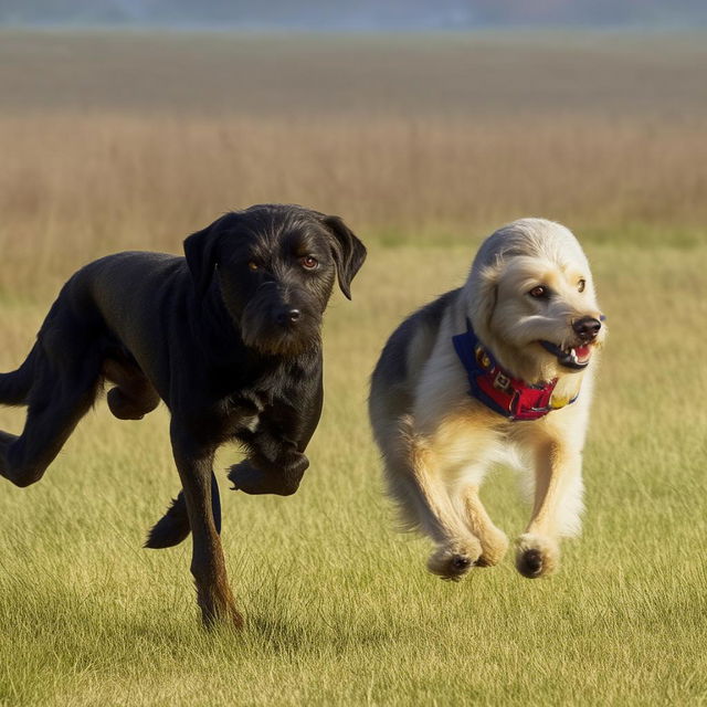 A young boy sprinting with a look of alarm on his face, pursued by a large, angry-looking dog.