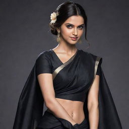 Deepika, imagined as a Naruto character, wearing an elegant black sari.