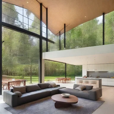 This modern house features open floor plans, allowing light to enter liberally from all angles.