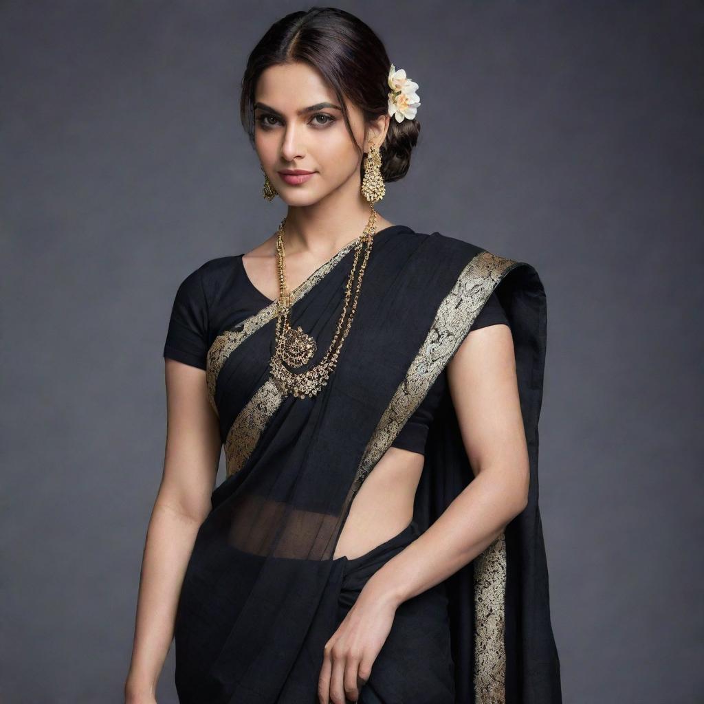 Deepika, a character inspired by Naruto anime, dressed in an elegant black sari.