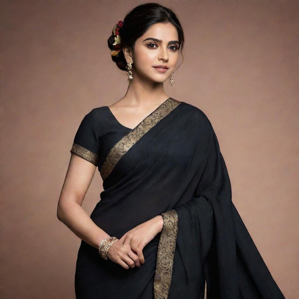 Deepika, a character inspired by Naruto anime, dressed in an elegant black sari.