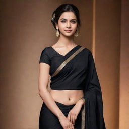 Deepika, a character inspired by Naruto anime, dressed in an elegant black sari.