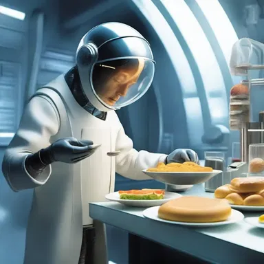 In the futuristic setting of the science fiction story, the protagonist used advanced technology to conjure food out of thin air.
