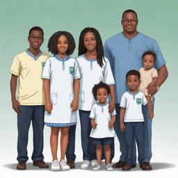 Draw a Nigerian family in anime style consisting of an older brother who's a programmer, a second-born sister who's a medical doctor holding the last-born twins who are nursery school students, all standing together. The twins aren't identical and are also programmers.