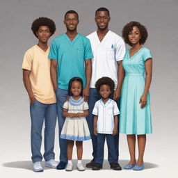 Draw a Nigerian family in anime style consisting of an older brother who's a programmer, a second-born sister who's a medical doctor holding the last-born twins who are nursery school students, all standing together. The twins aren't identical and are also programmers.