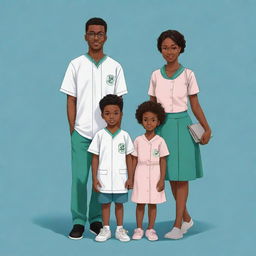 Draw a Nigerian family in anime style consisting of an older brother who's a programmer, a second-born sister who's a medical doctor holding the last-born twins who are nursery school students, all standing together. The twins aren't identical and are also programmers.