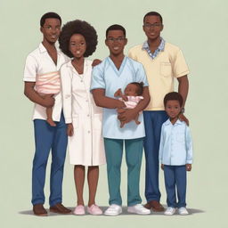 Draw a Nigerian family in anime style consisting of an older brother who's a programmer, a second-born sister who's a medical doctor holding the last-born twins who are nursery school students, all standing together. The twins aren't identical and are also programmers.