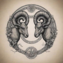 Intricate tattoo design symbolizing the zodiac signs Aries and Scorpio intertwined seamlessly. The Aries Ram and the Scorpio Scorpion are artistically combined, respecting the traits of both signs.